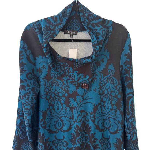 Papillon Knit Sweater Tunic Dress Cowl Neck Teal Blue Black Size Large - Picture 6 of 7